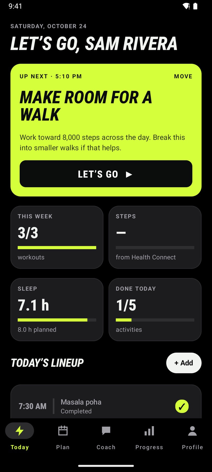 RaFit Today screen showing a demo fitness plan
